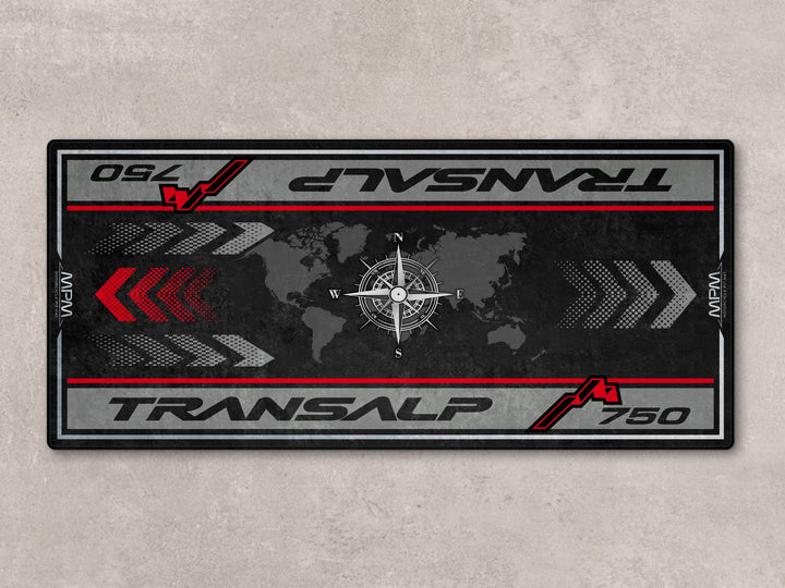 Motorcycle pit mat designed for adventure riders. Anti-slip Thermoplastic Rubber rug for parts and gear zones.
