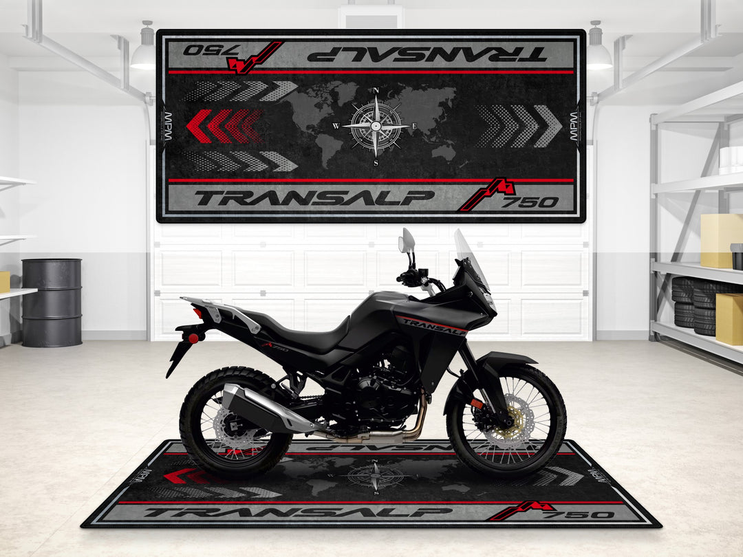 Matte Black Transalp 750 garage mat with world map design. Premium parking mat for garage floor protection.
