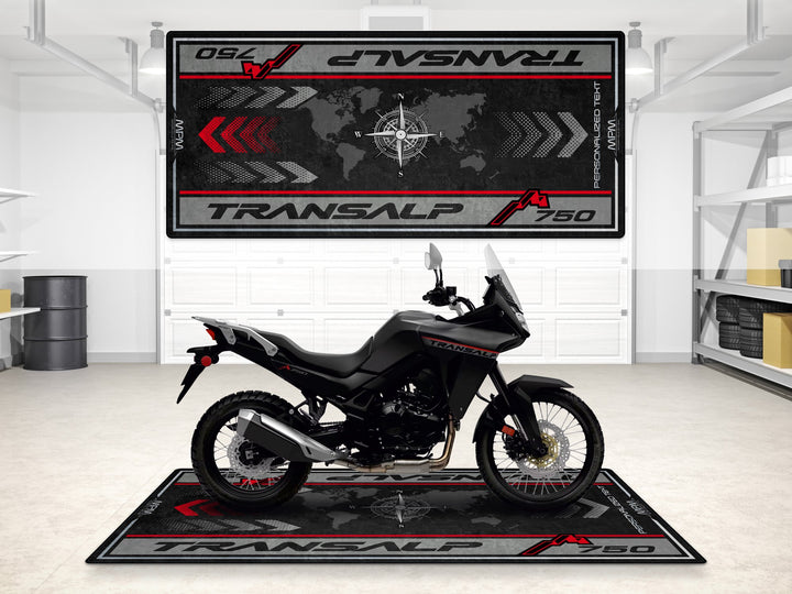 Custom pit rug featuring Transalp 750 explorer theme. Rugged motorcycle accessory ideal for track prep or showroom.