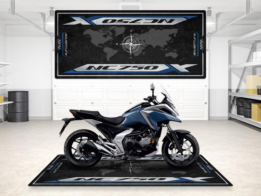 Honda NC750X parking mat with world map and compass design. Adventure-ready garage floor cover for motorcycle lovers.