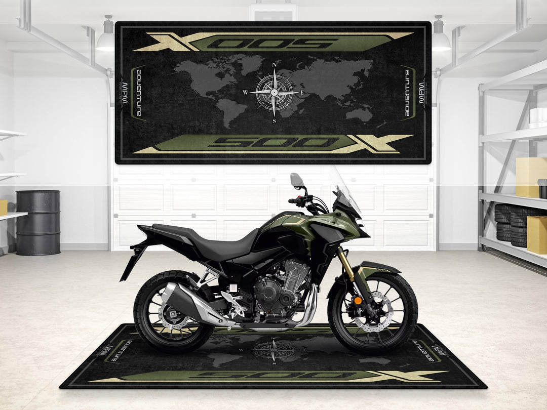 Honda CB500X parking mat in Pearl Organic Green. Durable garage mat with compass and world map design.