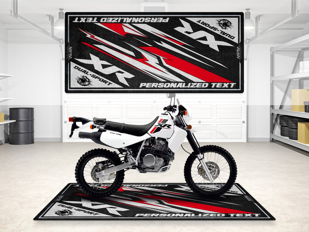 Custom pit rug for XR650. Perfect garage carpet for bike zone, parts area, or racetrack track prep.