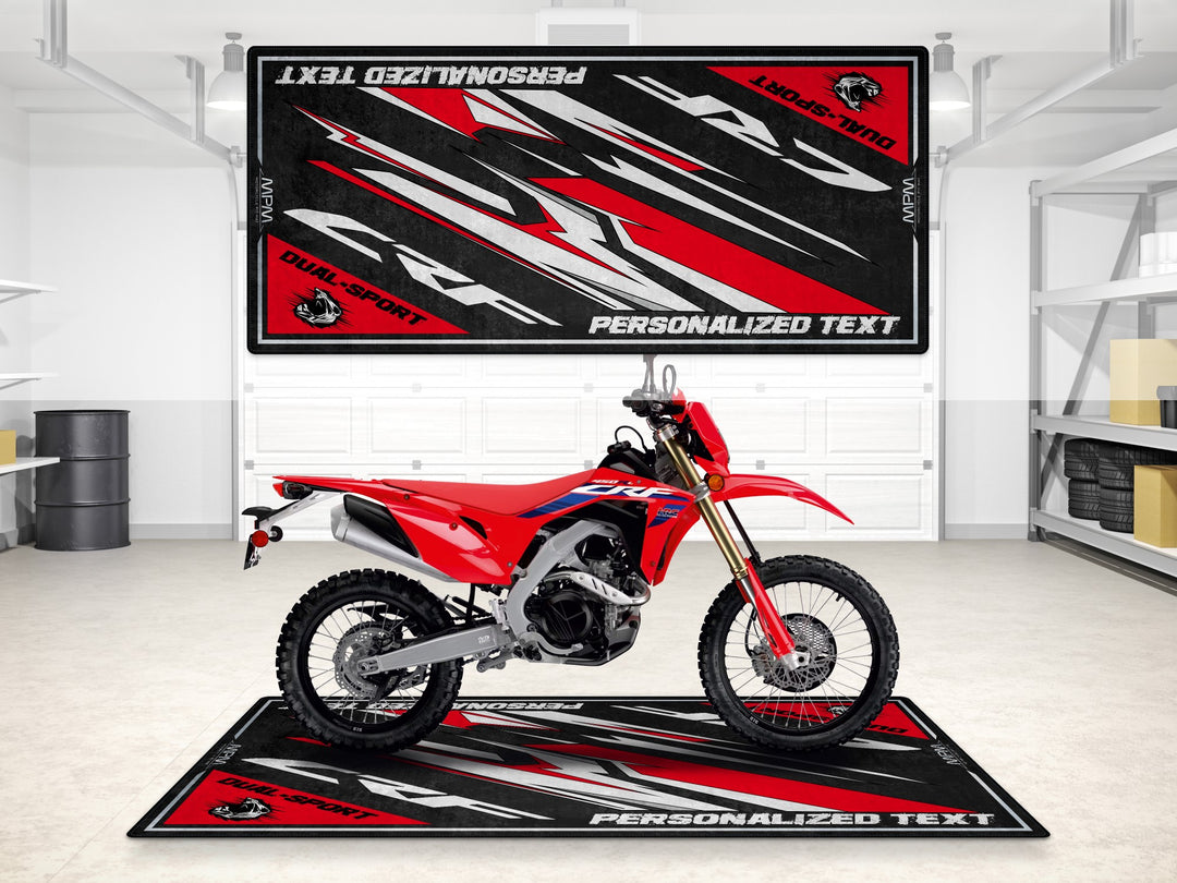 Custom pit rug for Honda CRF250L. Ideal accessory for showroom, bike zone, or racetrack display setups.