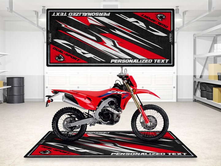 Custom pit rug for Honda CRF250L. Ideal accessory for showroom, bike zone, or racetrack display setups.