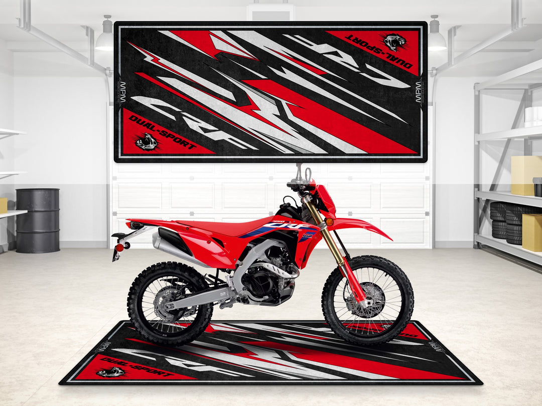 Honda CRF450L garage mat with bold red design. Durable parking mat and floor cover for dual sport riders.