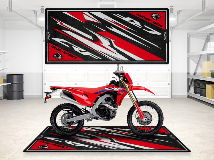 Honda CRF450L garage mat with bold red design. Durable parking mat and floor cover for dual sport riders.