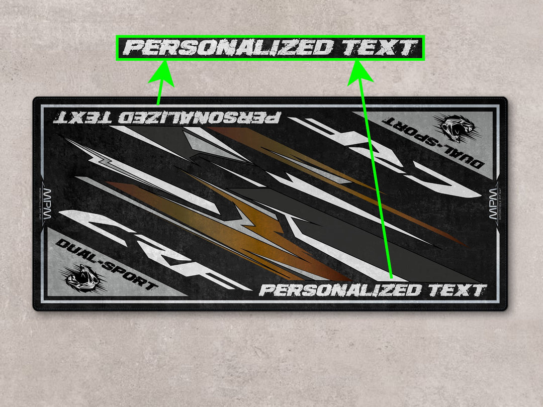 Swift Gray motorcycle display carpet for CRF300 Rally. Unique rider gift for superbike garage or paddock zone.