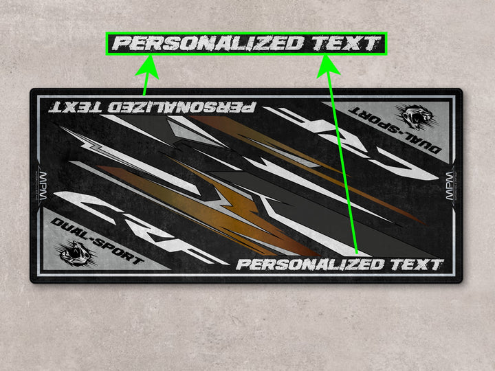 Swift Gray motorcycle display carpet for CRF300 Rally. Unique rider gift for superbike garage or paddock zone.