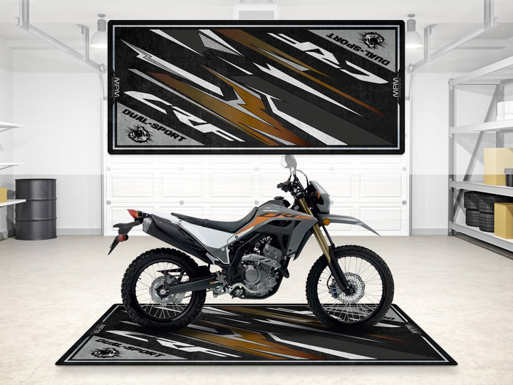 Honda CRF300L garage mat in Swift Gray. Rugged parking mat and floor cover for garage floor protection.