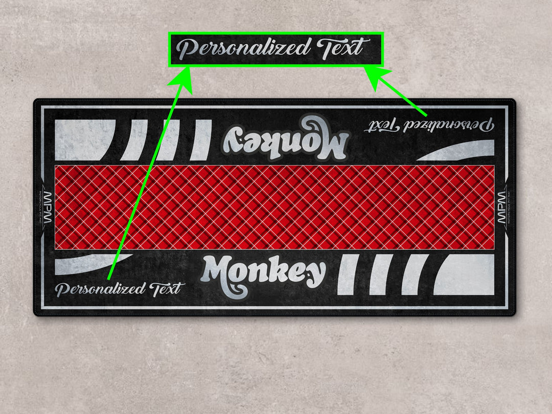 Personalized motorcycle rug in Nebula Red for Honda Monkey. Great for bike zone, gear corner, or racetrack.