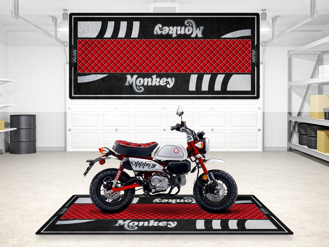 Honda Monkey garage mat in Nebula Red. Anti-slip parking mat for motorcycle floor protection and pit display.