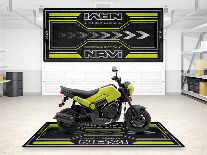 Custom pit rug for Honda Navi. Perfect garage floor cover for rider essentials and motorcycle gear setup.