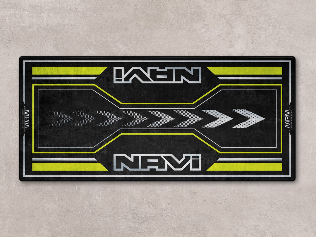 Green Honda Navi pit mat for garage floors. Stylish motorcycle rug for racetrack prep and accessory display.