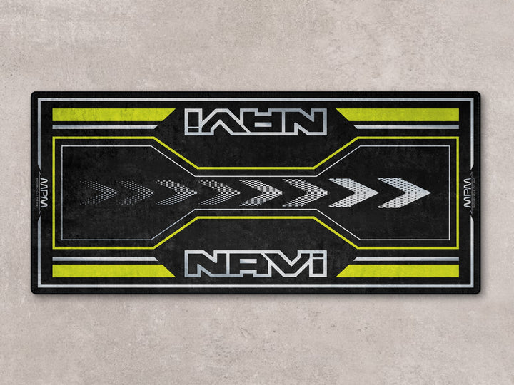 Green Honda Navi pit mat for garage floors. Stylish motorcycle rug for racetrack prep and accessory display.