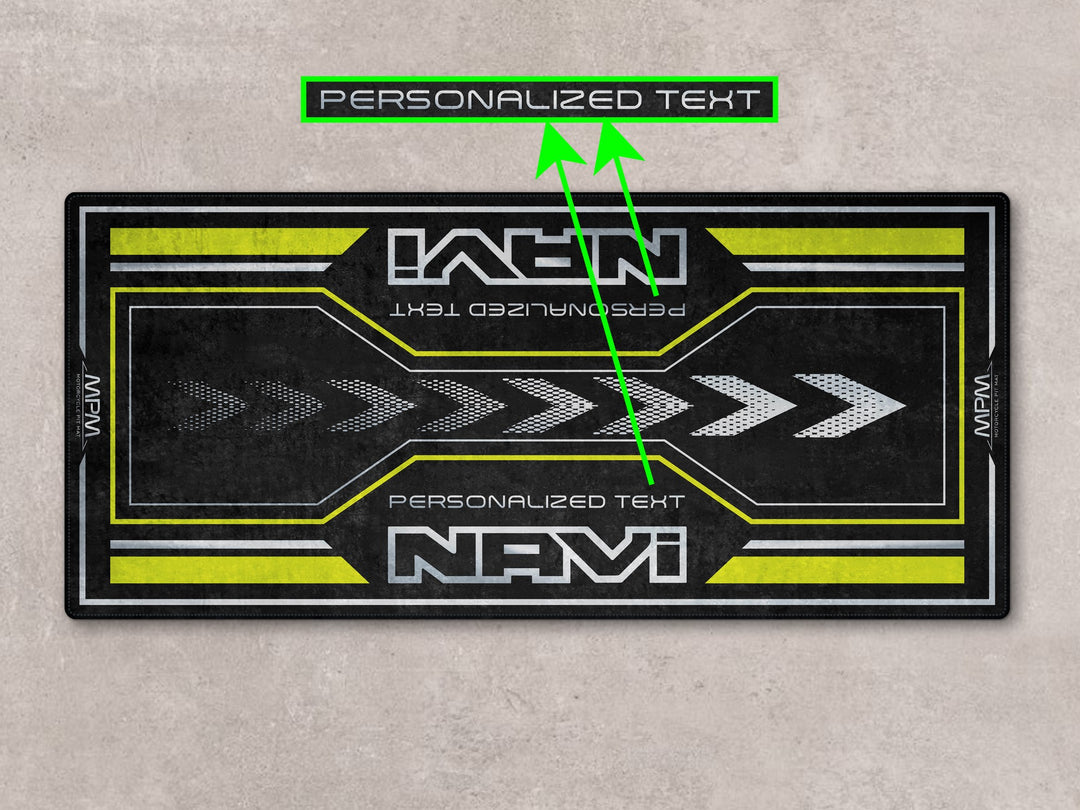 Personalized green motorcycle display mat. Thermoplastic Rubber base for anti-slip support in bike zone or showroom.