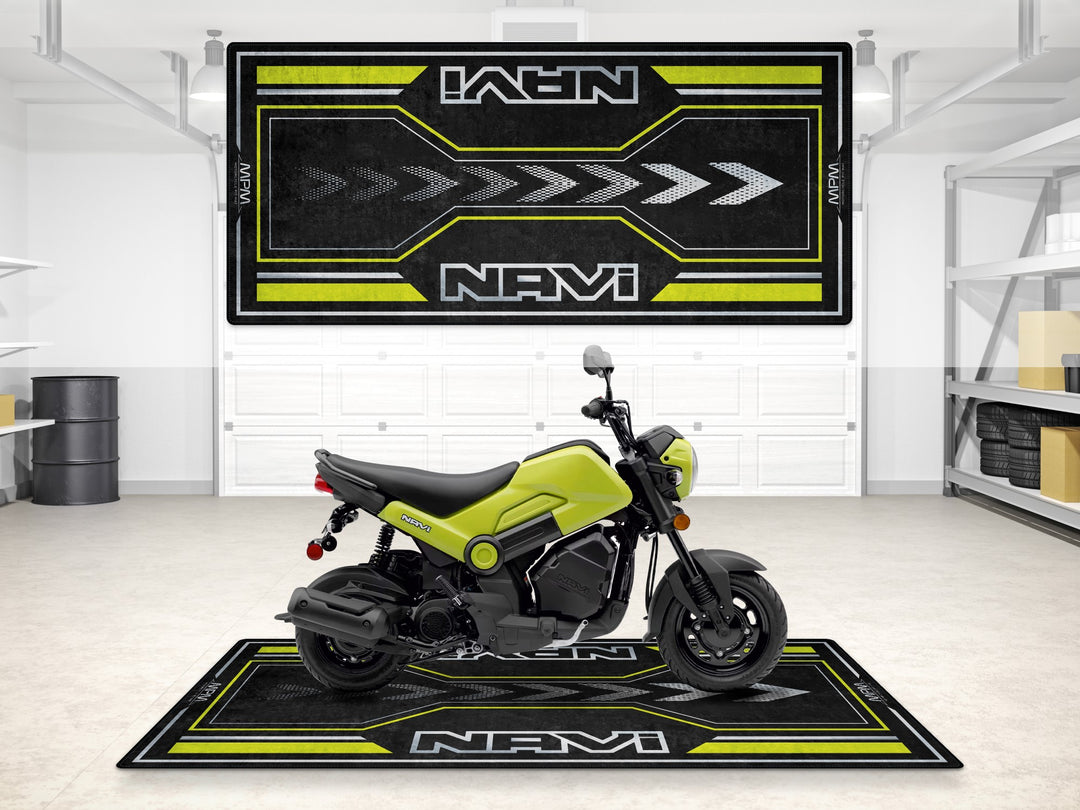 Honda Navi motorcycle garage mat in Grasshopper Green. Durable parking mat for floor protection and parts area.