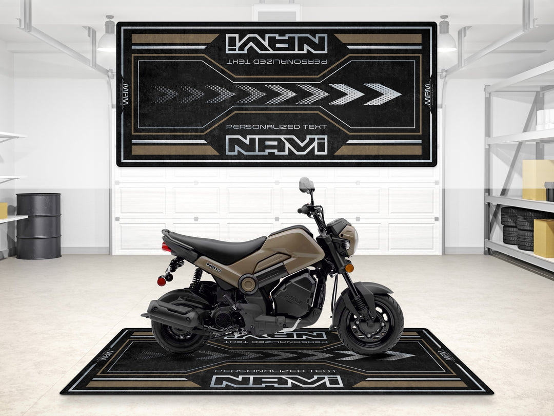 Custom garage rug for Honda Navi in Nut Brown. Perfect motorcycle accessory for track prep and pit setups.