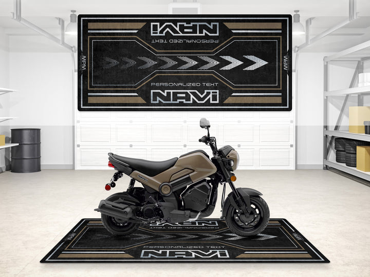 Custom garage rug for Honda Navi in Nut Brown. Perfect motorcycle accessory for track prep and pit setups.