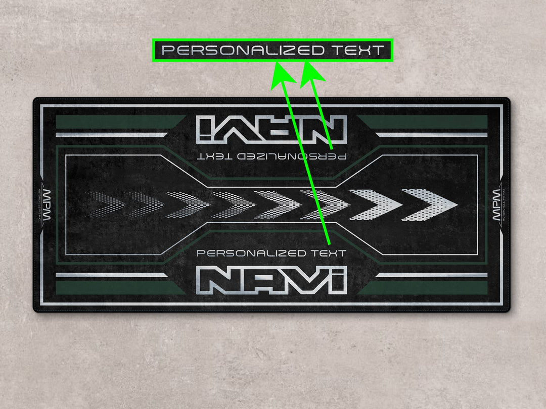 Custom pit mat for Honda Navi in Ranger Green. Motorcycle gear-friendly rug for track prep and rider space.