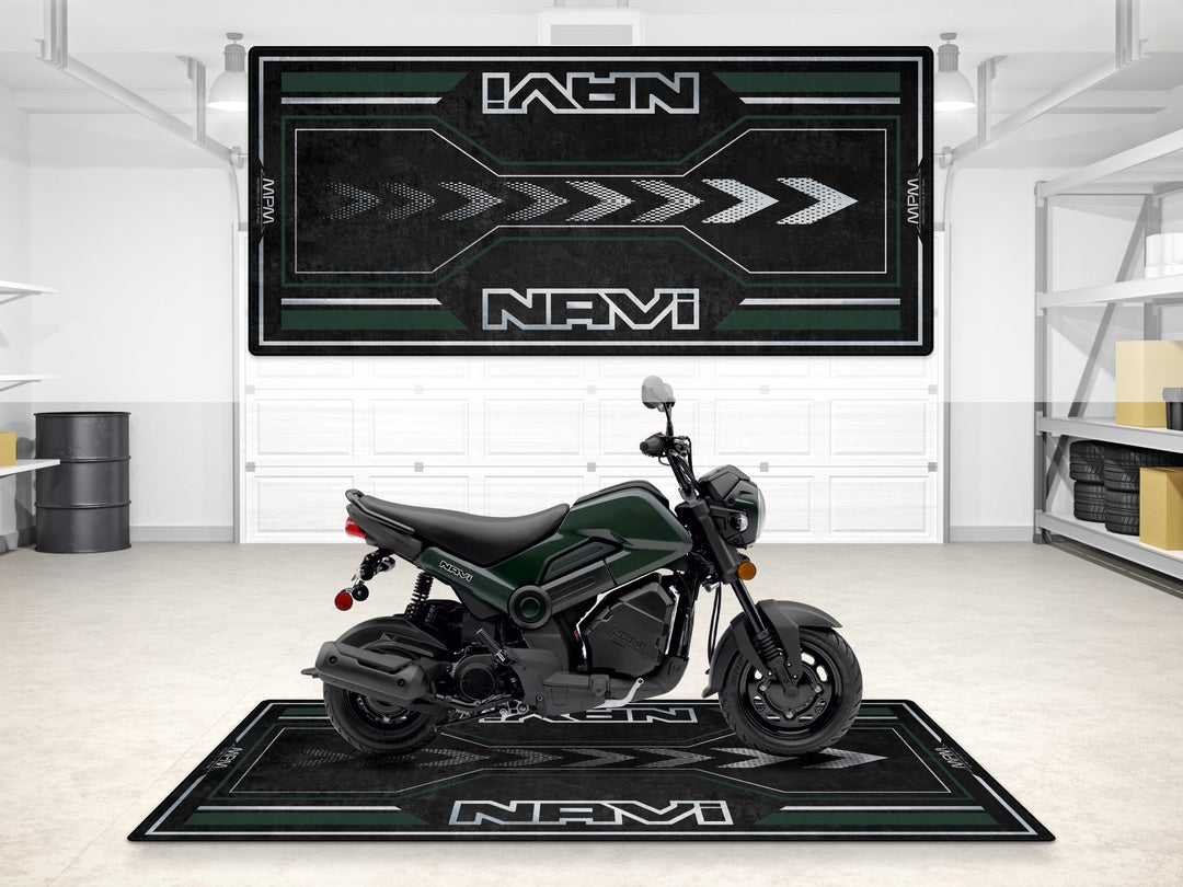 Honda Navi garage parking mat in Ranger Green. Durable floor cover for motorcycle display and garage setups.