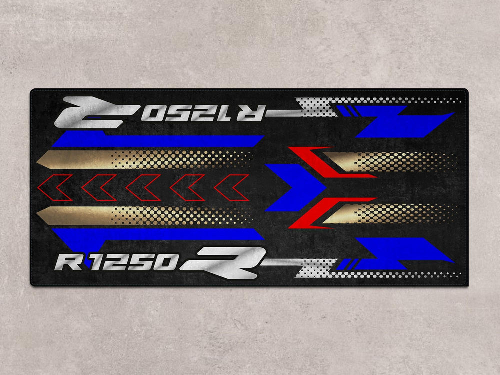 Parking mat and motorcycle rug for R1250 R. Premium garage accessory for racetrack prep and elevated motorcycle display style.
