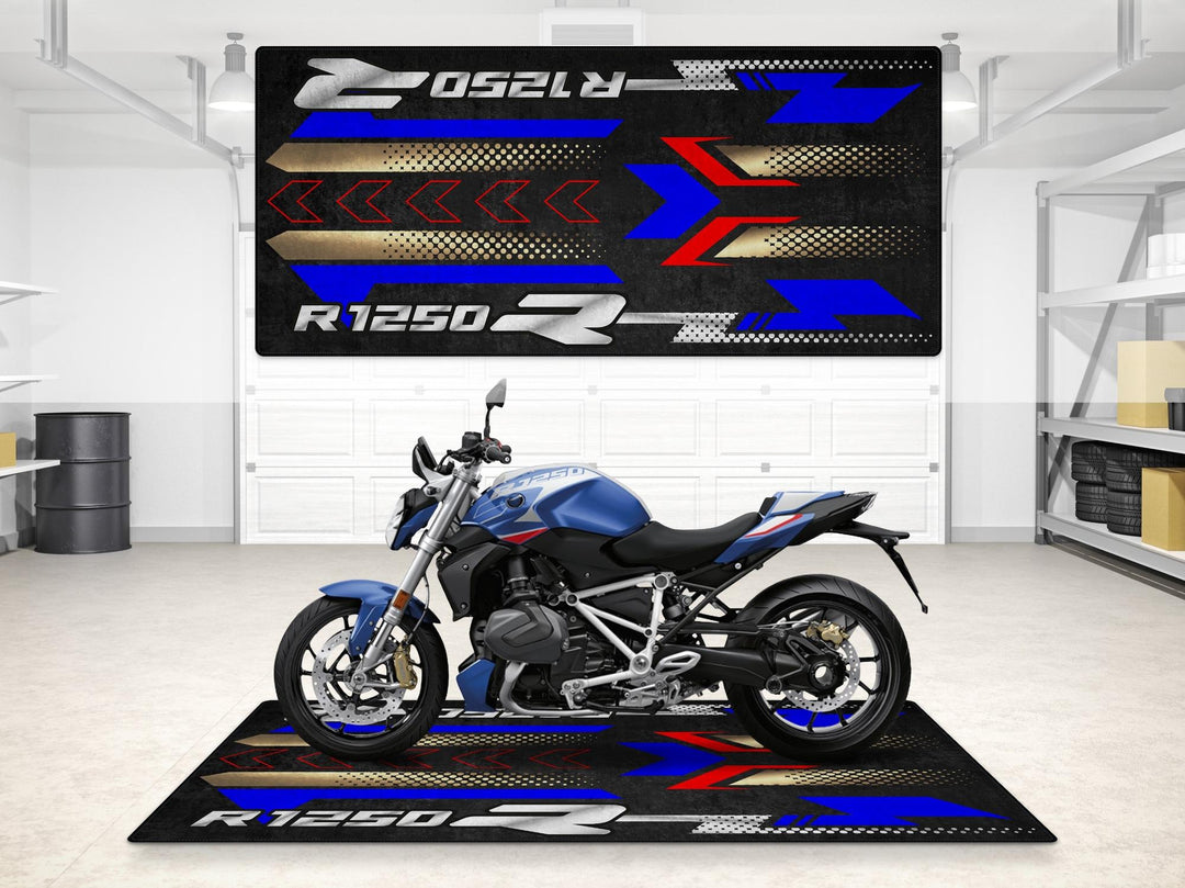 BMW R1250 R Sport garage mat and pit mat. Floor cover built for showroom setups, bike zone layouts, and your ultimate superbike garage.