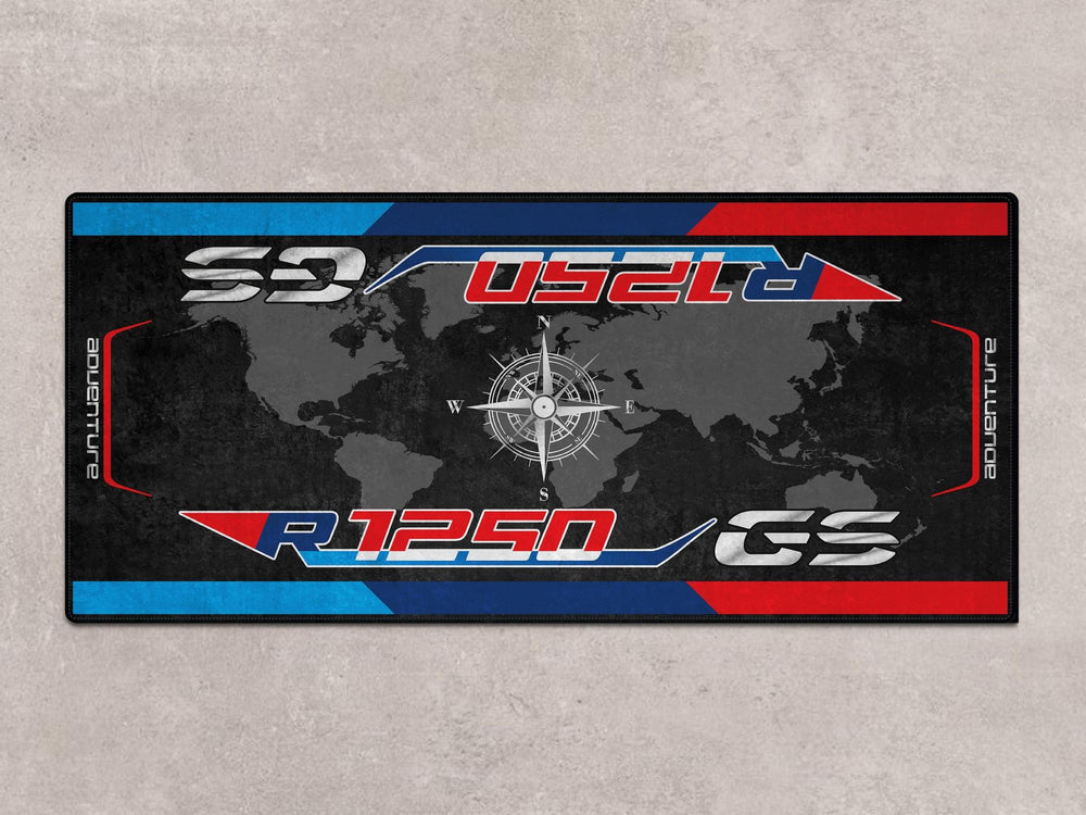Parking mat and motorcycle rug for R1250GS. Premium accessory for racetrack prep and motorcycle display in your superbike garage.