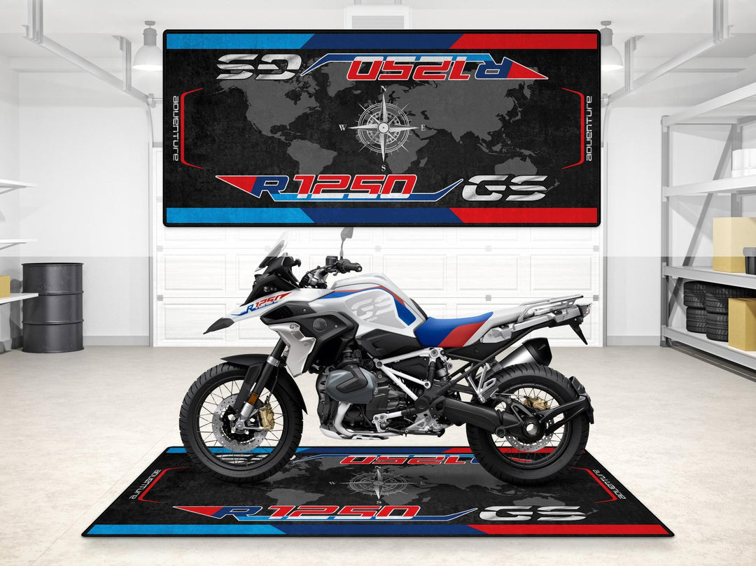 BMW R1250GS Adventure Rally garage mat and pit mat. Floor cover for dual sport setup, showroom presentation, and your ultimate bike zone.