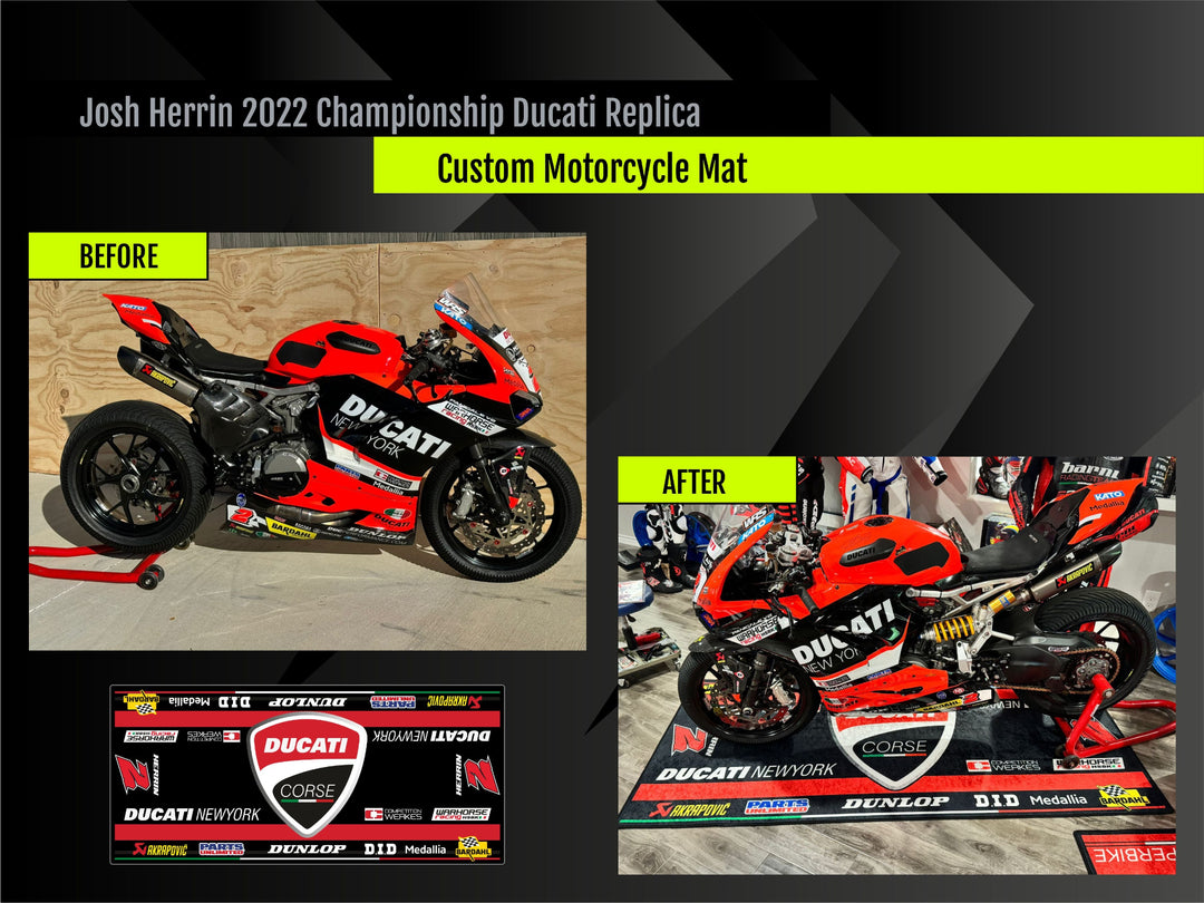 MPM Custom Works garage mat for motorcycle display and garage floor protection – perfect parking mat, pit mat, and showroom accessory for riders.