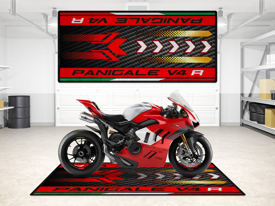 Ducati Panigale V4 R pit mat for racetrack and garage mat setups. A bold floor cover designed for showroom-ready motorcycle display and workshop function.