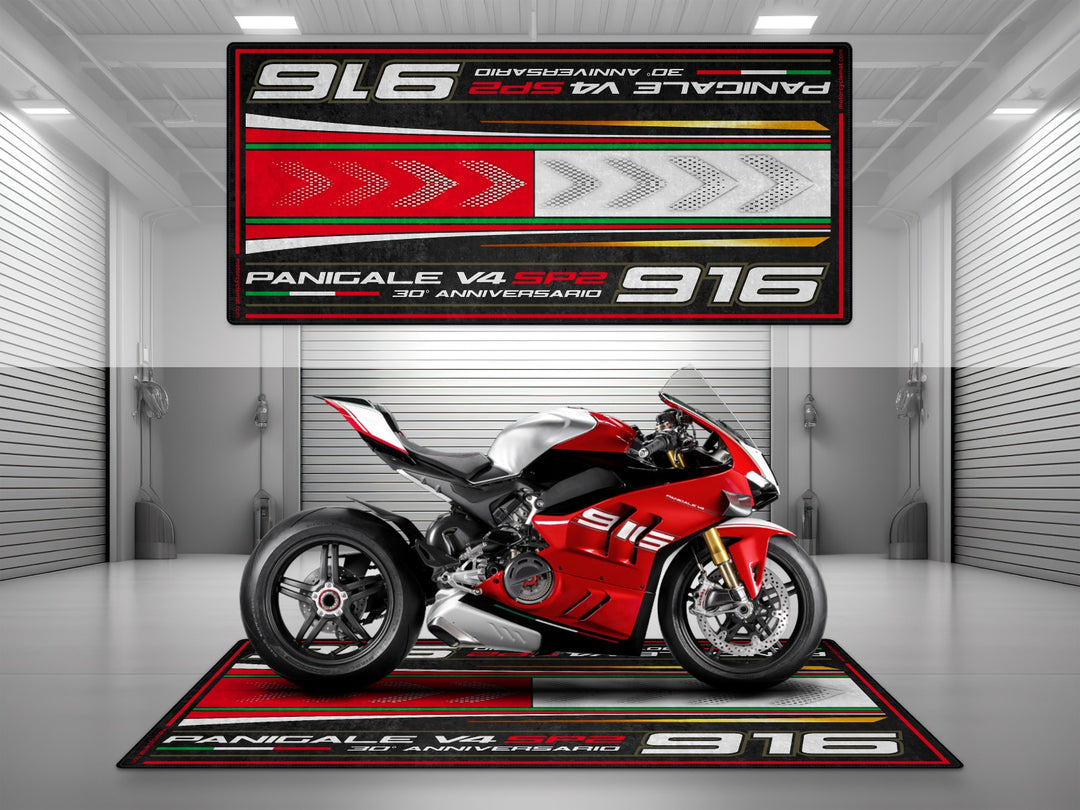 Ducati V4 SP2 916 garage mat and pit mat. Premium floor cover for your showroom, racetrack garage, or high-impact bike zone display.
