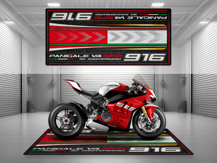 Ducati V4 SP2 916 garage mat and pit mat. Premium floor cover for your showroom, racetrack garage, or high-impact bike zone display.