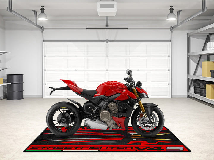 Ducati Streetfighter V4 S Ducati Red floor cover combines form and function. A must-have garage mat for motorcycle gear and showroom flair.