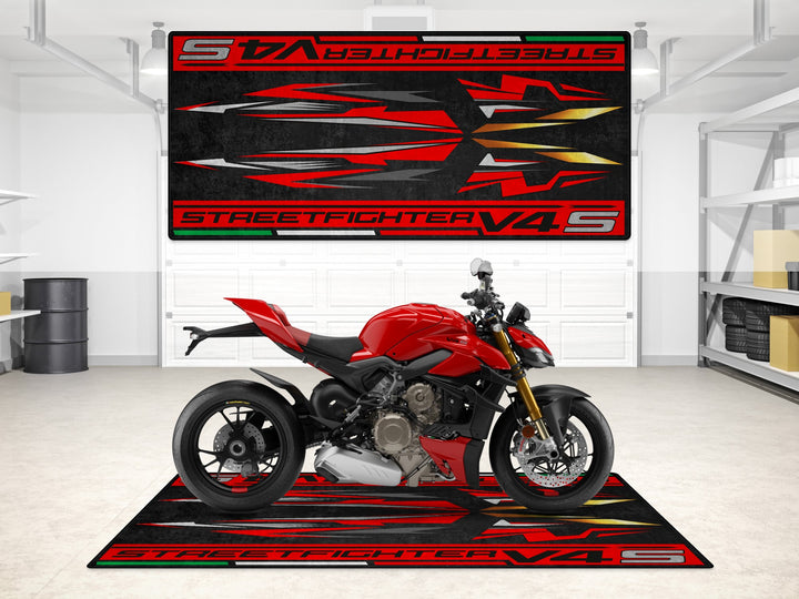 Ducati Streetfighter V4 S Ducati Red garage mat designed for track prep and floor cover. A stylish motorcycle rug for showroom and racetrack setups.