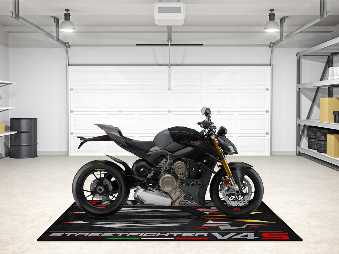 Motorcycle gear meets style: this V4 S mat is the ultimate garage mat and showroom rug for serious riders and their superbike garage setups.