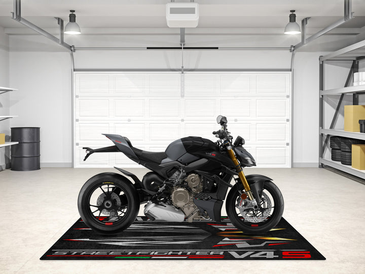 Motorcycle gear meets style: this V4 S mat is the ultimate garage mat and showroom rug for serious riders and their superbike garage setups.