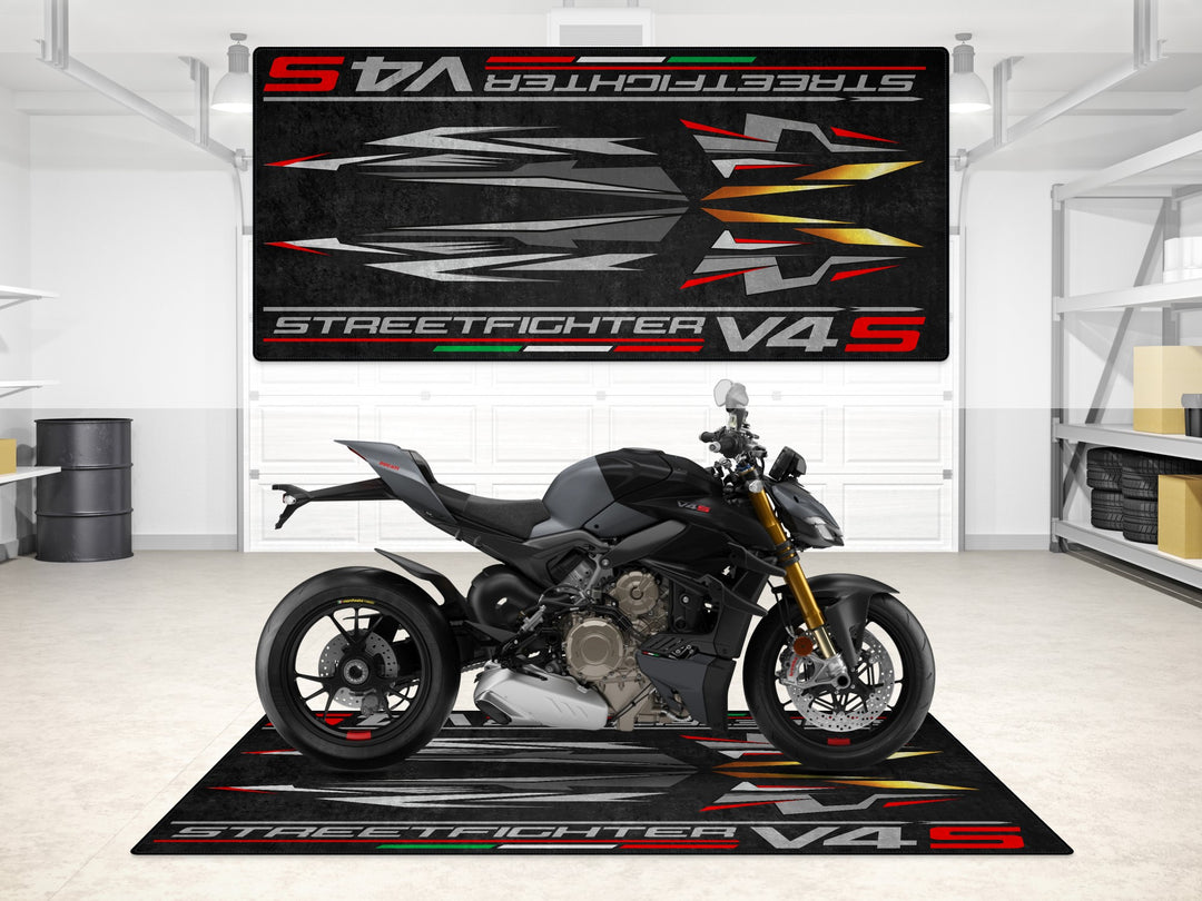 MPM Custom Works motorcycle display mat for showroom use. Great garage mat and parking mat for V4 S Grey Nero with Ducati red accent.