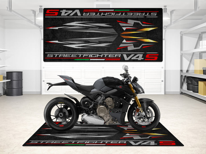 MPM Custom Works motorcycle display mat for showroom use. Great garage mat and parking mat for V4 S Grey Nero with Ducati red accent.