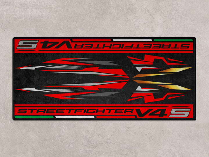 Streetfighter V4 S Ducati Red parking mat offers ultimate garage floor protection. Ideal carpet for parts, accessory, and rider essentials.