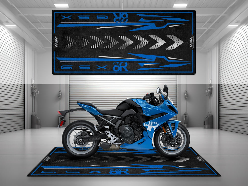 Suzuki GSX-R blue sportbike on a custom garage mat. Ideal floor cover for track prep, parking mat or racetrack accessory.