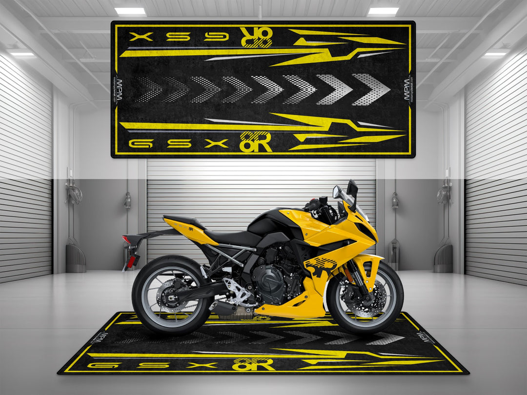 Suzuki GSX8R garage mat with arrow design. Perfect rug for showroom, floor cover, or superbike garage display.
