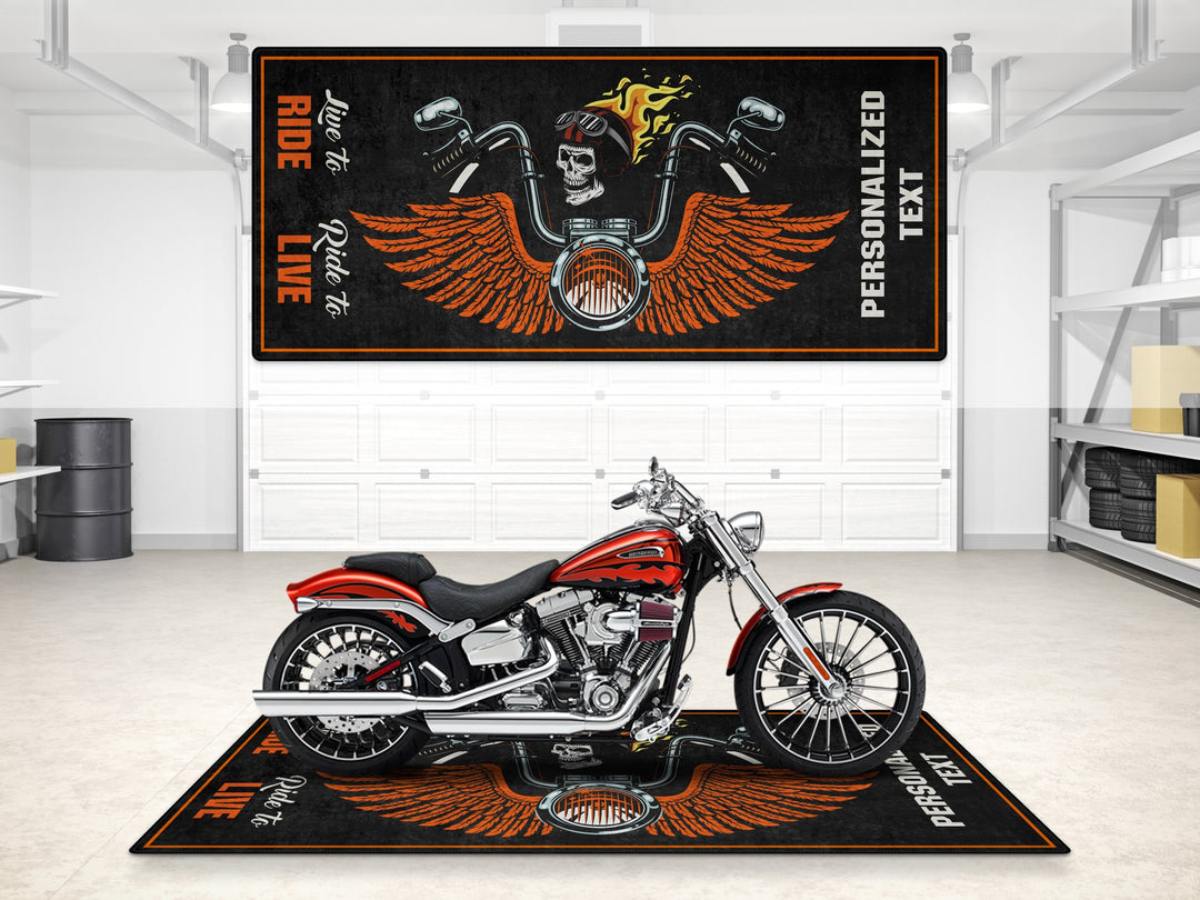 Victory Chopper Skull Wings Personalized Garage mat, custom pit rug, rider gift carpet, motorcycle gear accessory, floor cover.