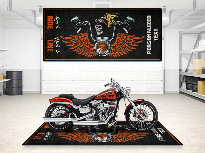 Victory Chopper Skull Wings Personalized Garage mat, custom pit rug, rider gift carpet, motorcycle gear accessory, floor cover.