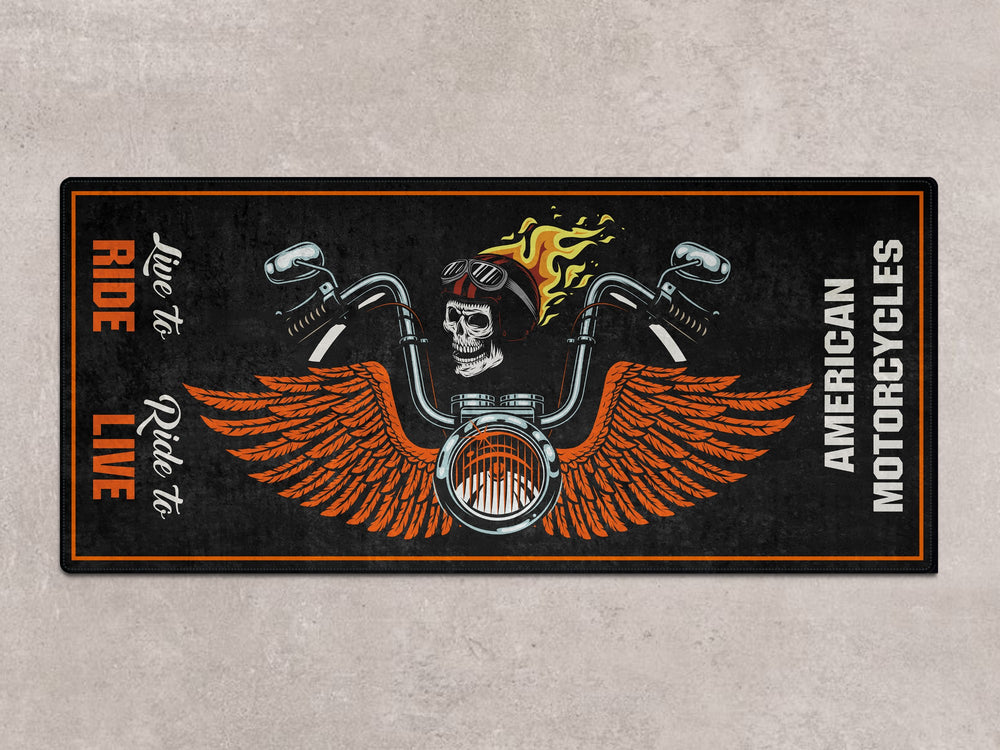 Indian Chopper Skull Wings Motorcycle Garage mat, racetrack prep pit rug, superbike garage carpet, showroom accessory.