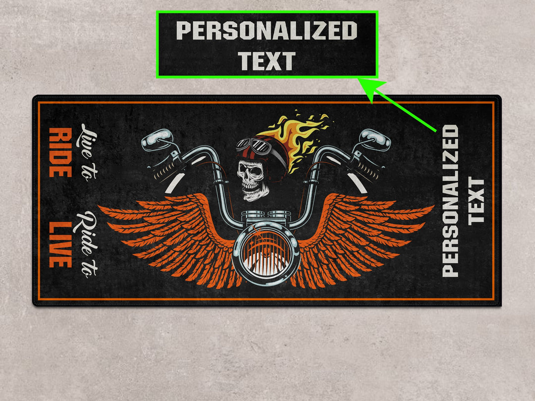 Big Dog Chopper Skull Wings Custom Garage mat, superbike showroom rug, parking floor cover, rider essentials motorcycle display.