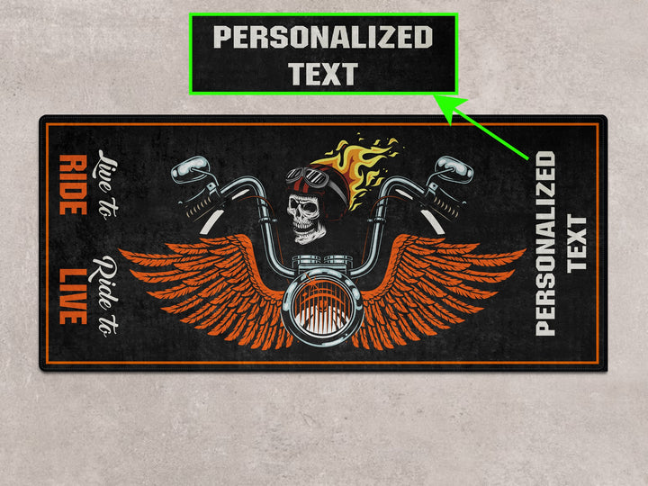 Big Dog Chopper Skull Wings Custom Garage mat, superbike showroom rug, parking floor cover, rider essentials motorcycle display.