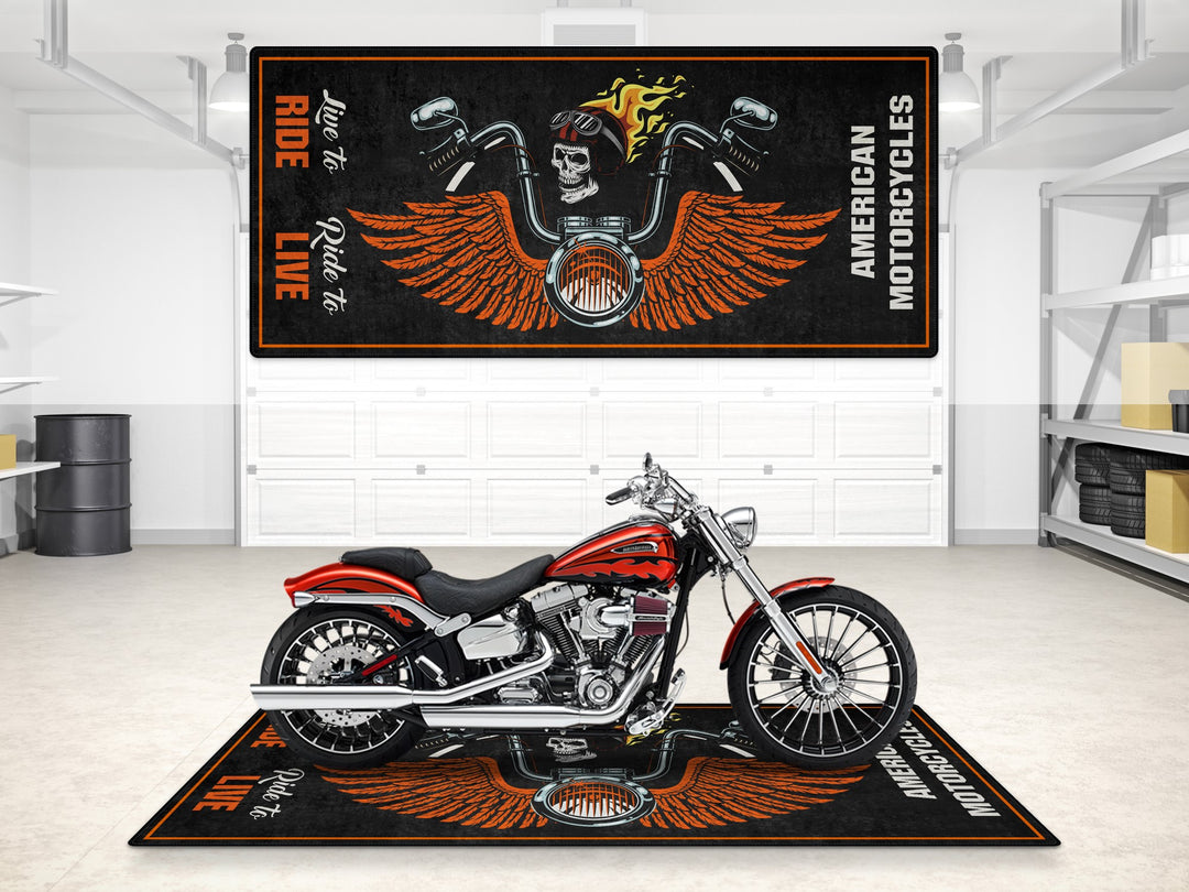 Harley Davidson Chopper Skull Wings Garage mat, parking mat, pit mat, showroom rug, motorcycle display carpet, floor cover.