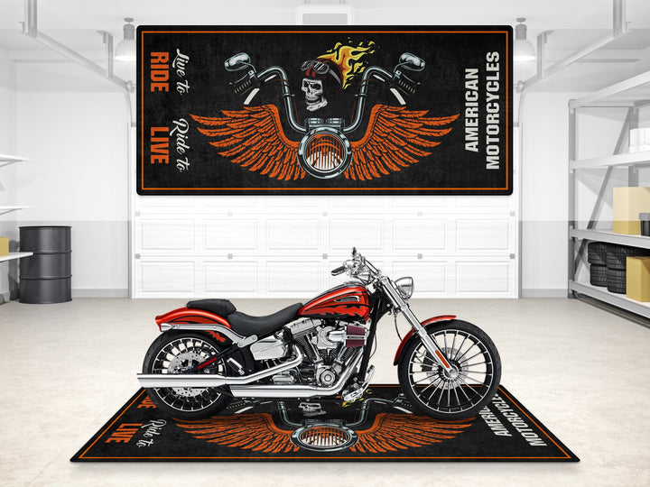 Harley Davidson Chopper Skull Wings Garage mat, parking mat, pit mat, showroom rug, motorcycle display carpet, floor cover.