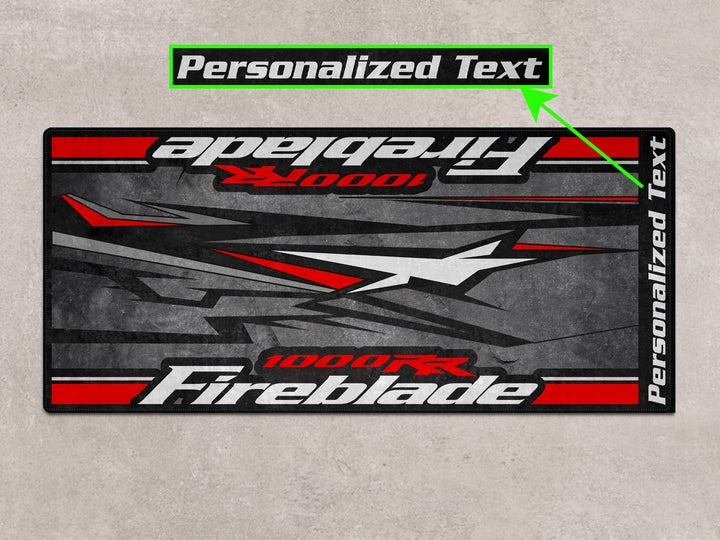 Personalized garage mat for Honda Fireblade 1000RR. Great gift and accessory for bike zone, parts section, or track use.