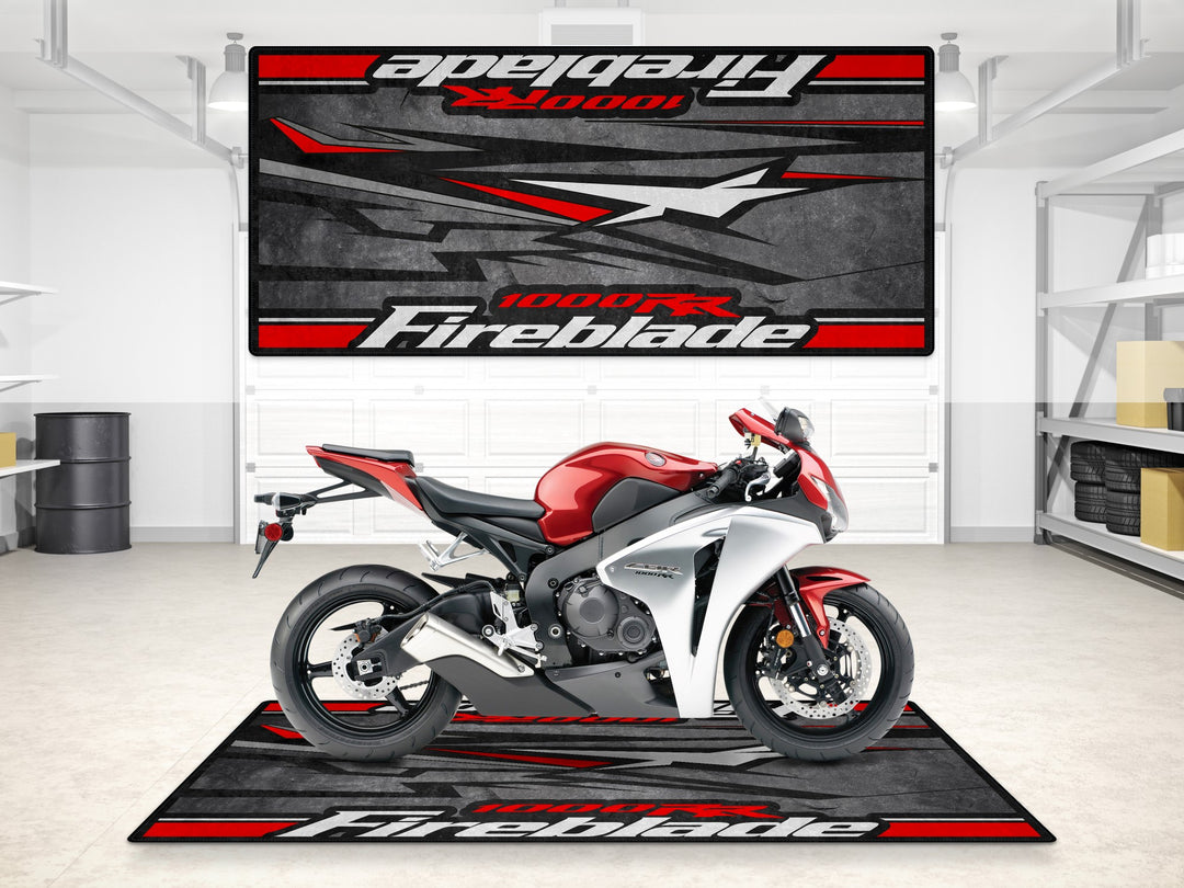 Garage mat for Honda CBR1000RR Fireblade in black and red. Rugged parking mat and floor cover for garage floor protection.